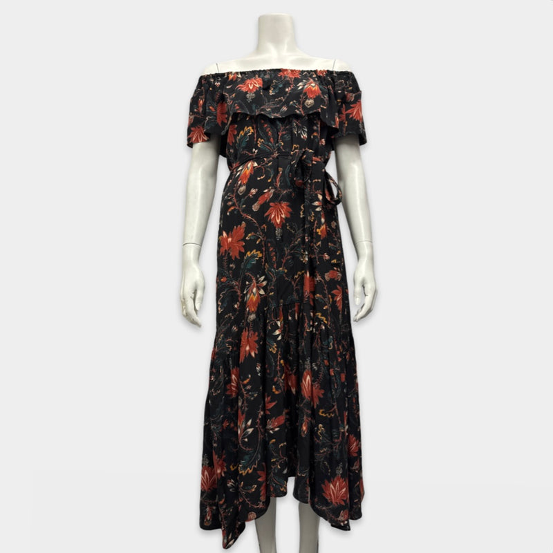Ulla Johnson Black Floral Print Off-Shoulder Silk Maxi Dress with Waist Tie