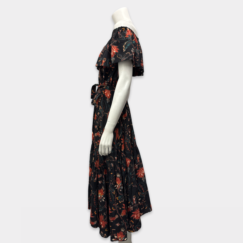 Ulla Johnson Black Floral Print Off-Shoulder Silk Maxi Dress with Waist Tie