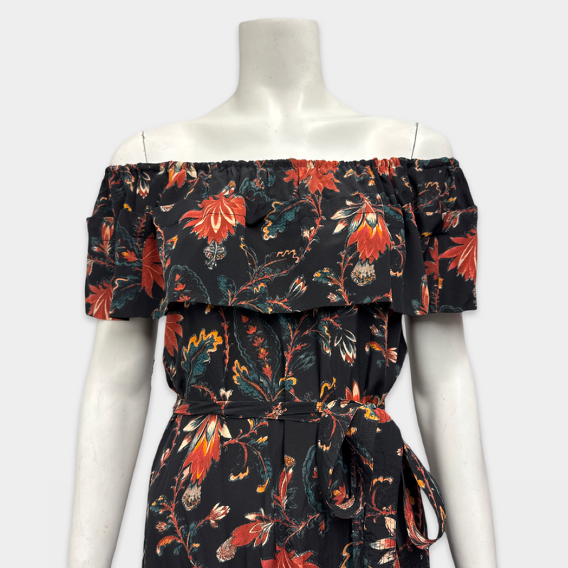 Ulla Johnson Black Floral Print Off-Shoulder Silk Maxi Dress with Waist Tie
