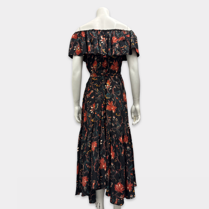 Ulla Johnson Black Floral Print Off-Shoulder Silk Maxi Dress with Waist Tie