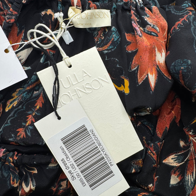 Ulla Johnson Black Floral Print Off-Shoulder Silk Maxi Dress with Waist Tie