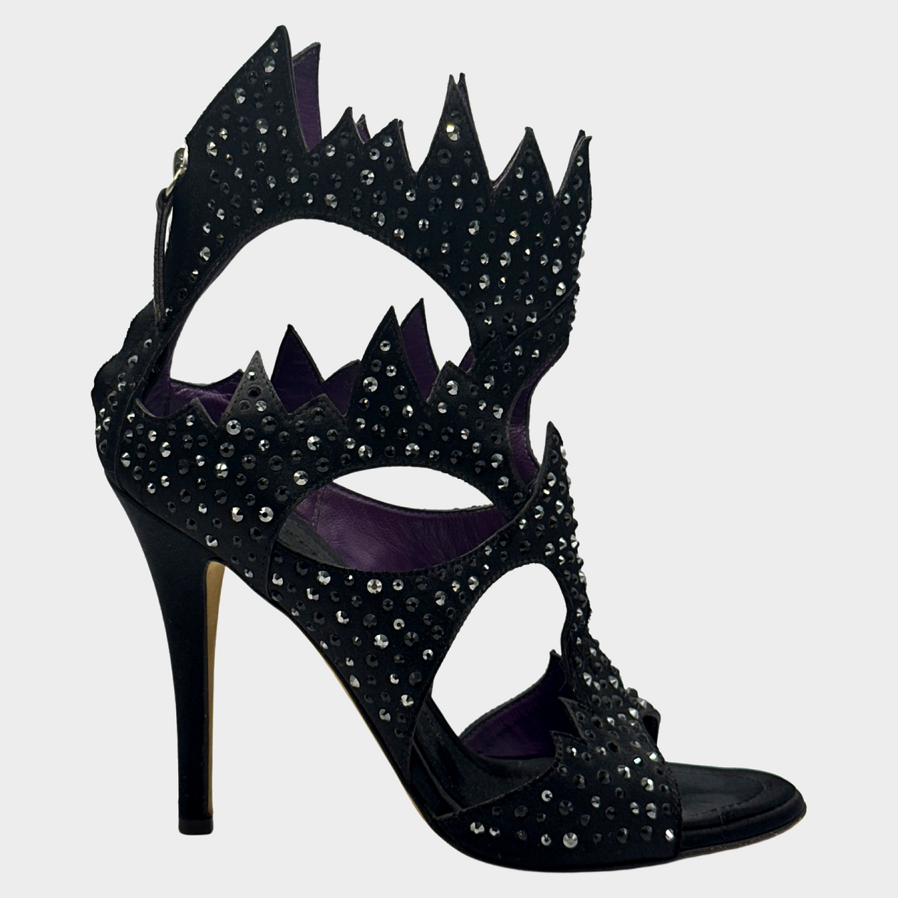 GIUSEPPE ZANOTTI black suede sandal heels with silver and black