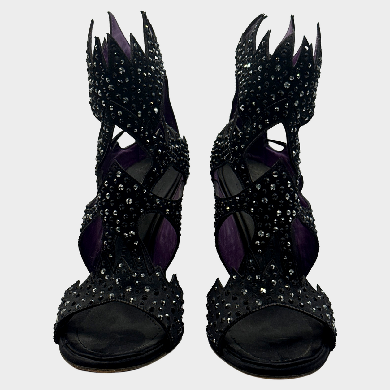 GIUSEPPE ZANOTTI black suede sandal heels with silver and black