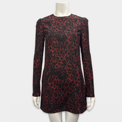 Saint Laurent Red and Black Leopard Print Mini Silk Dress