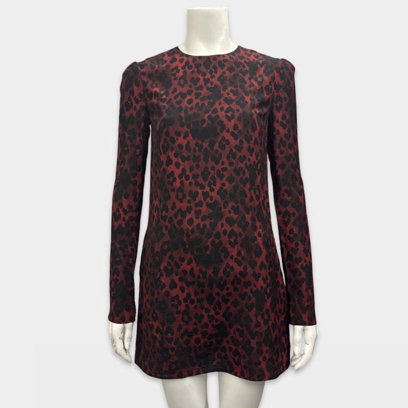 Saint Laurent Red and Black Leopard Print Mini Silk Dress