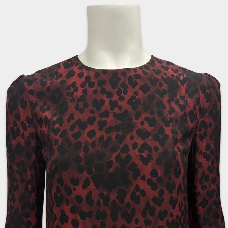 Saint Laurent Red and Black Leopard Print Mini Silk Dress