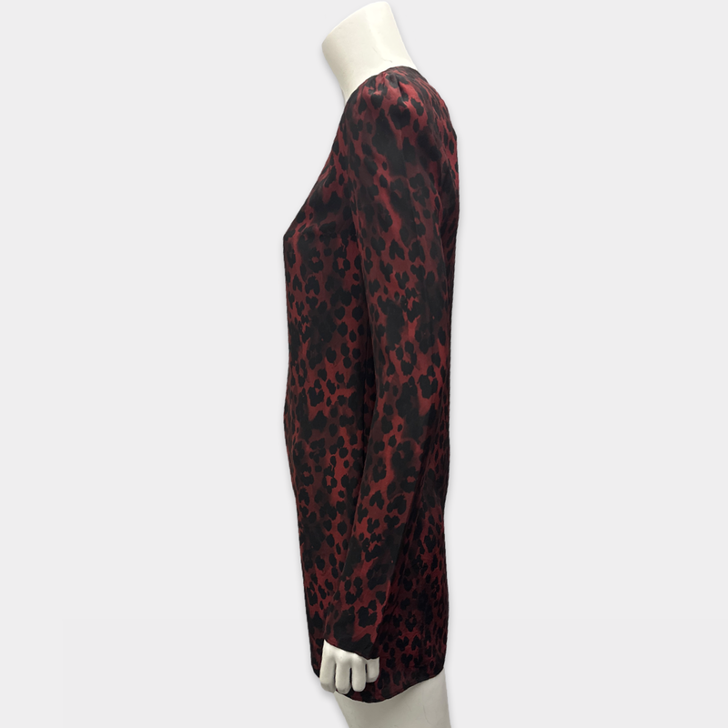 Saint Laurent Red and Black Leopard Print Mini Silk Dress
