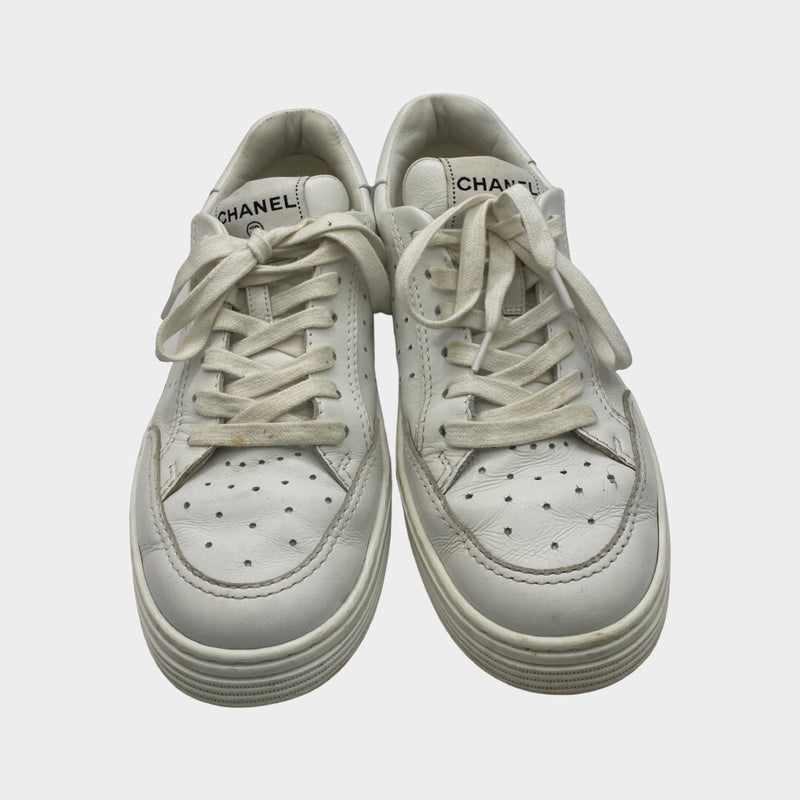 Chanel women's white leather sneakers with logo applique
