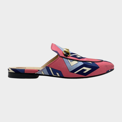 Gucci women's pink canvas geometric print mules with gold buckle