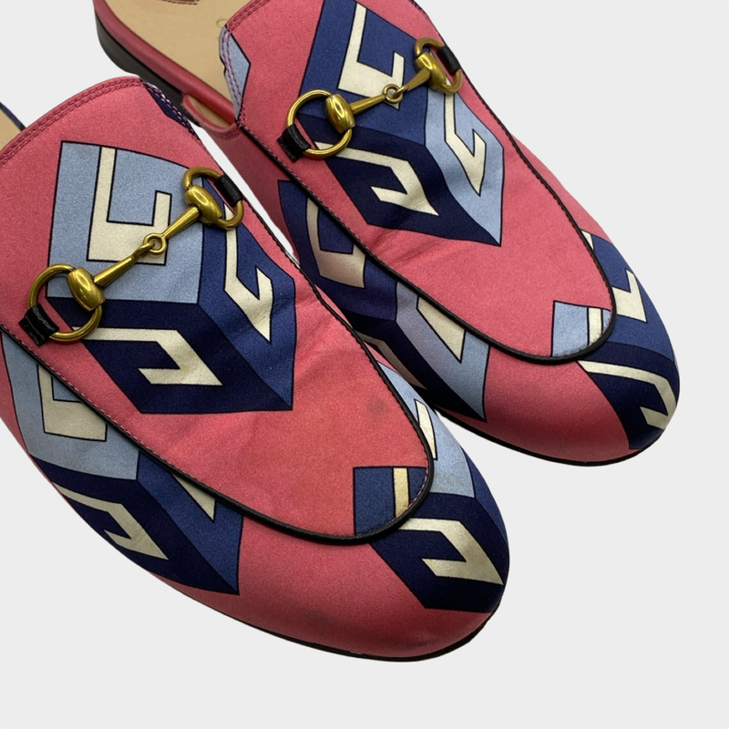 Gucci women's pink canvas geometric print mules with gold buckle