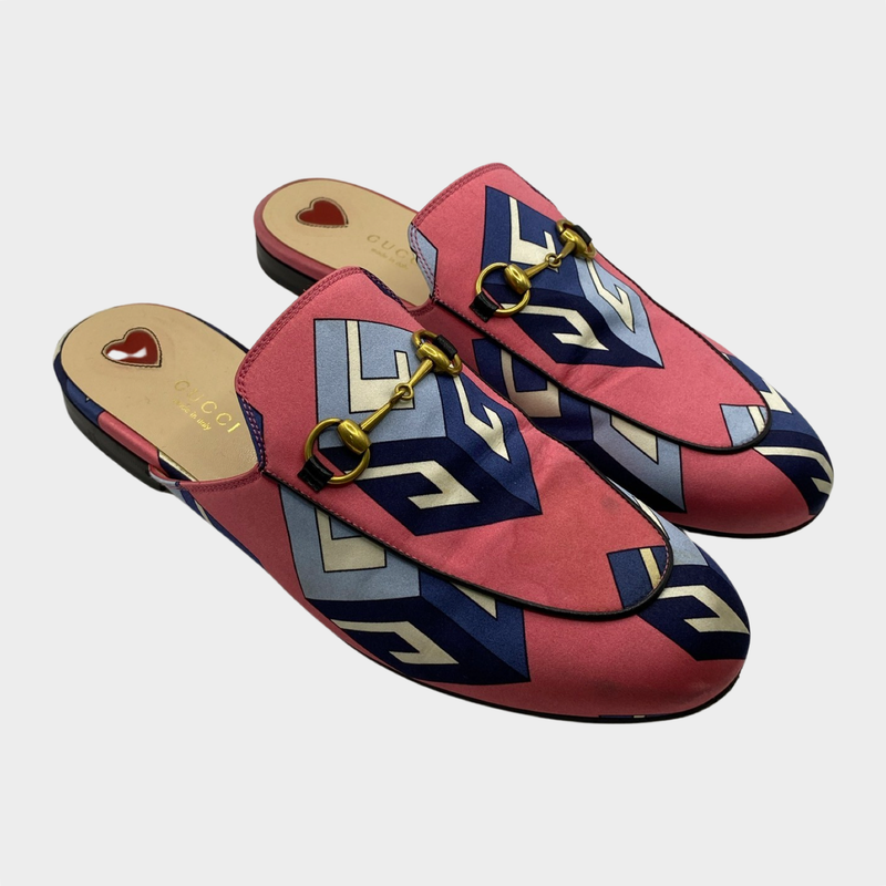 Gucci women's pink canvas geometric print mules with gold buckle