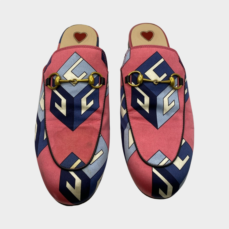 Gucci women's pink canvas geometric print mules with gold buckle