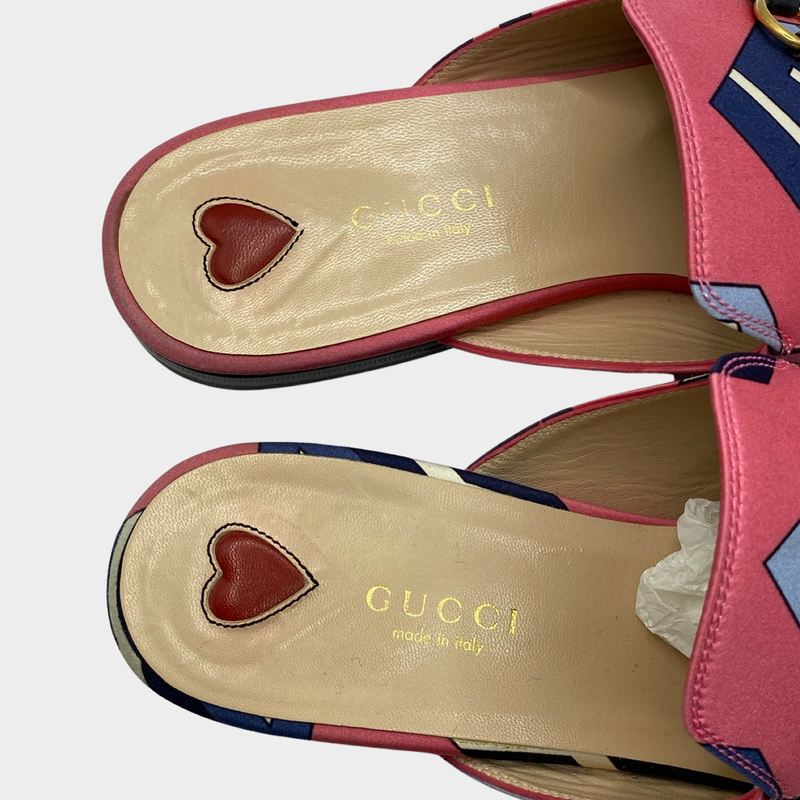 Gucci women's pink canvas geometric print mules with gold buckle