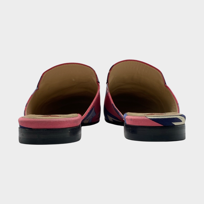Gucci women's pink canvas geometric print mules with gold buckle