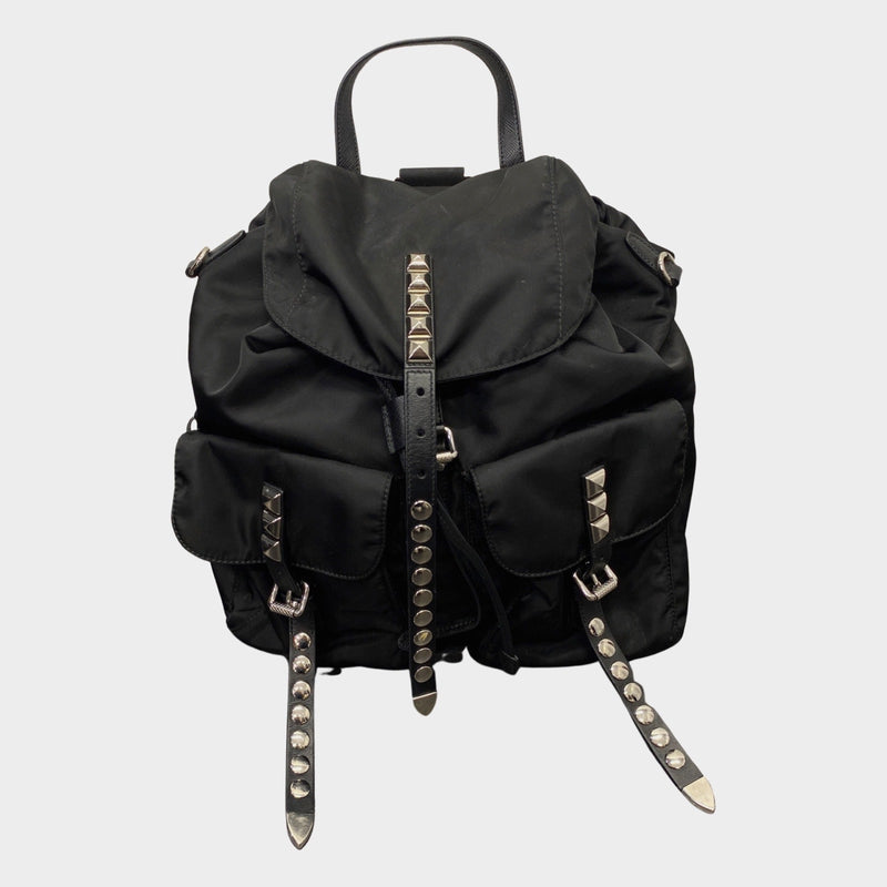 Prada women's black nylon studded backpack