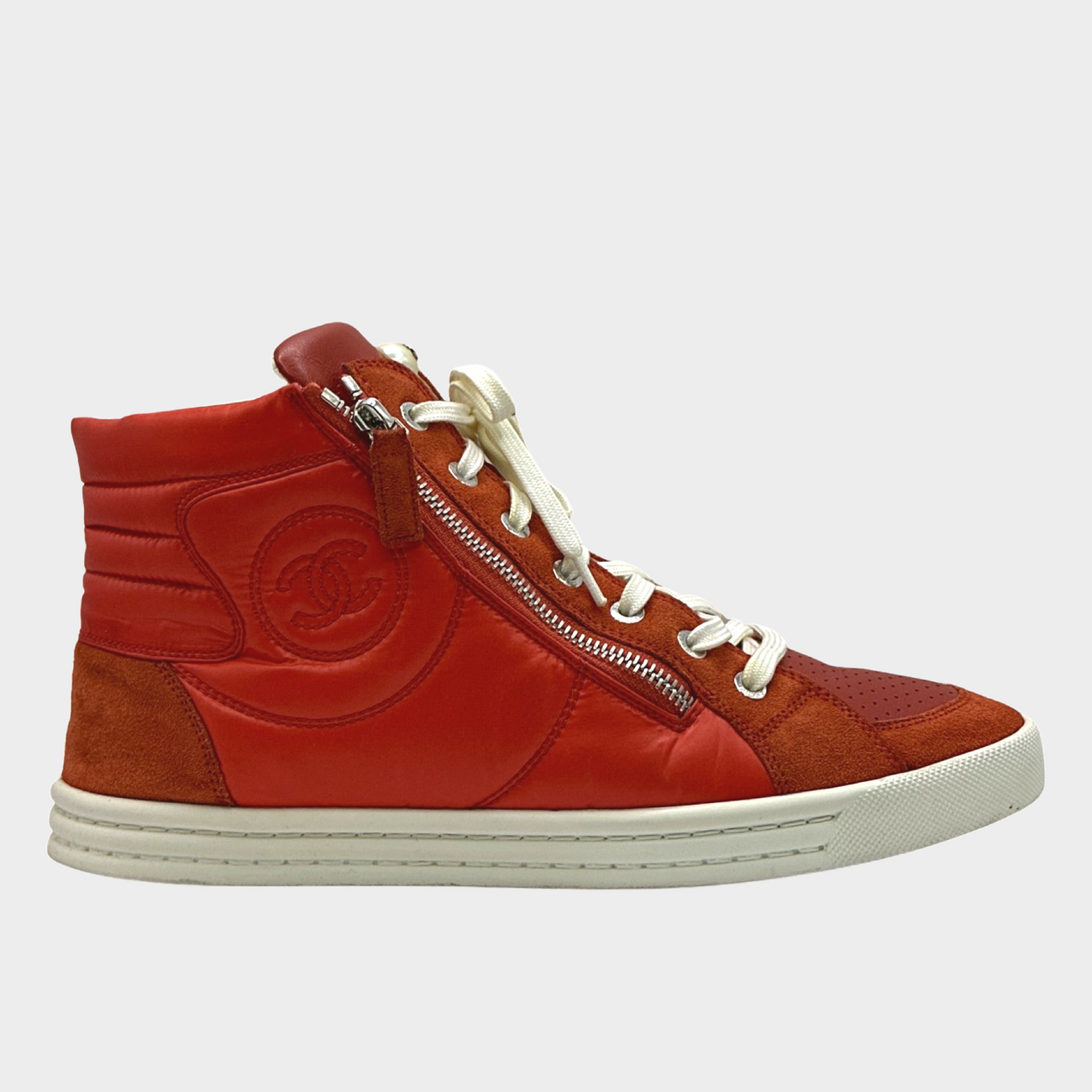Chanel Women s Red Leather CC Logo High top Sneakers Loop Generation