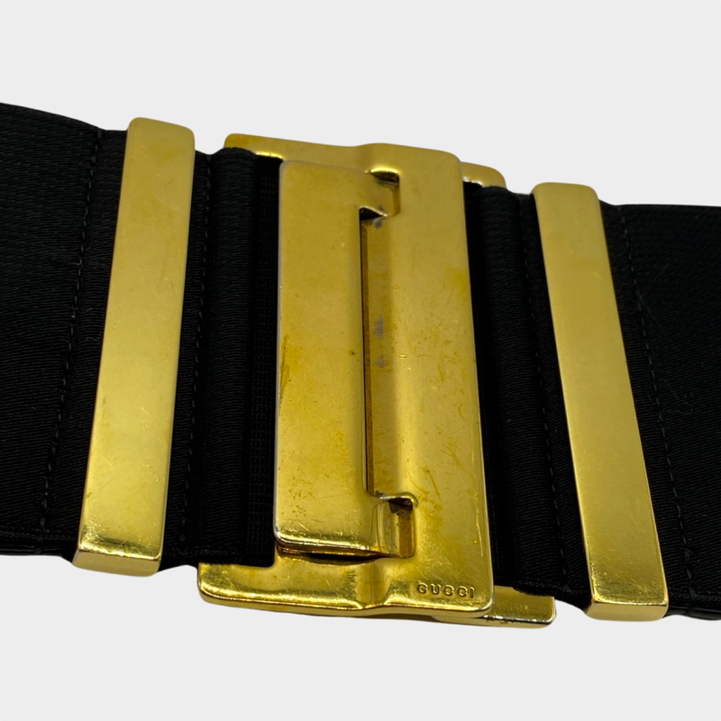 Gucci women's black elastic gold metal buckle belt