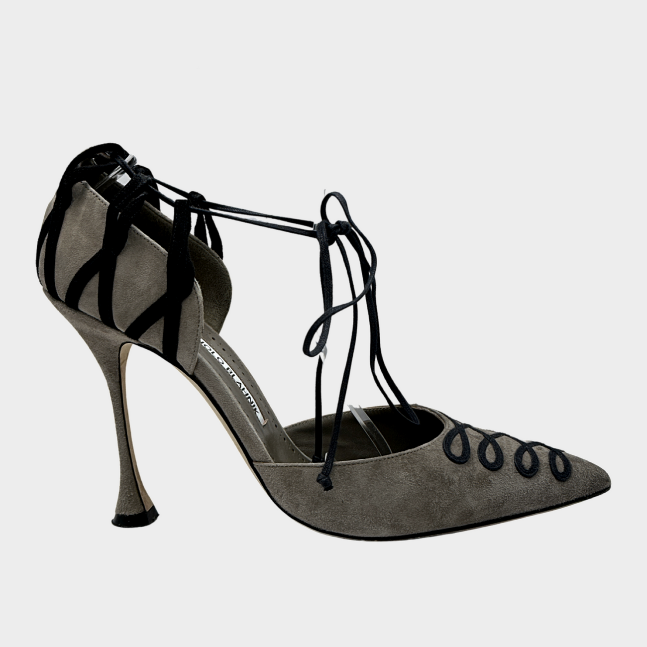 MANOLO BLAHNIK black and grey suede ankle lace heels – Loop