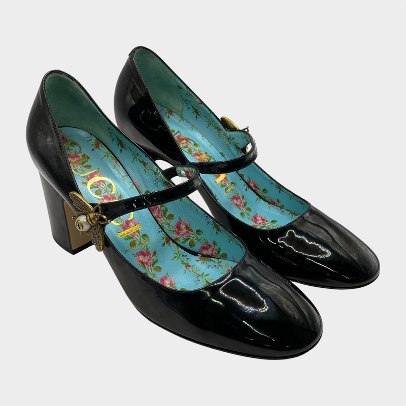 Gucci patent leather Mary Jane style block heels with bee