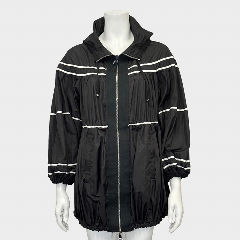 MONCLER women's black and white polyamide oversized rain coat with ruffles and a hoodie