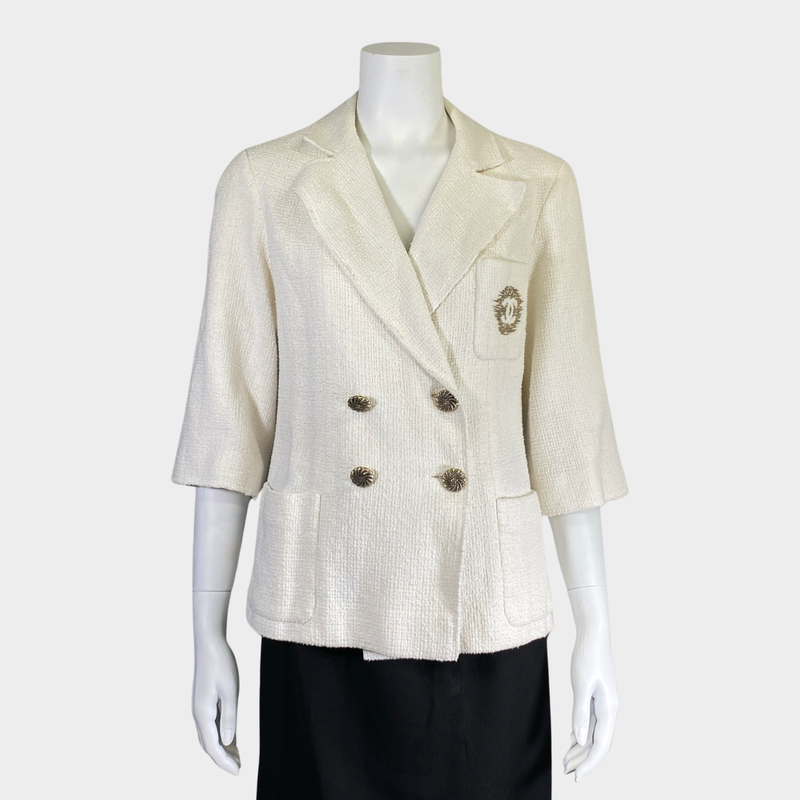 Chanel women's white tweed 3/4 length sleeve jacket with gold buttons and embroidery