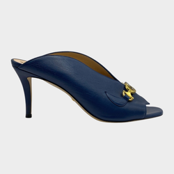 Gucci navy leather heeled mules with GG silver and gold hardware
