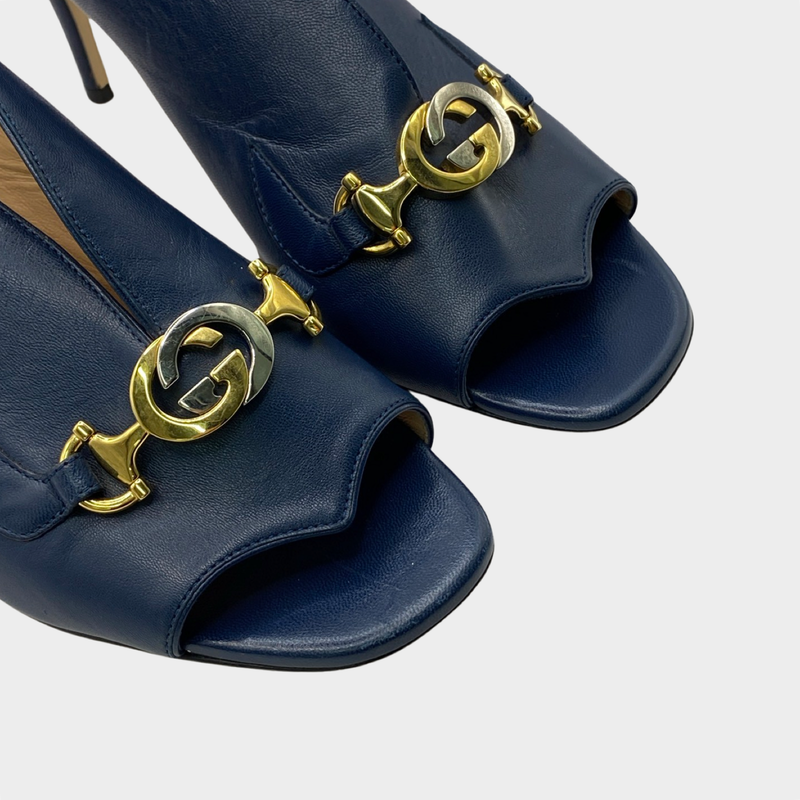 Gucci navy leather heeled mules with GG silver and gold hardware
