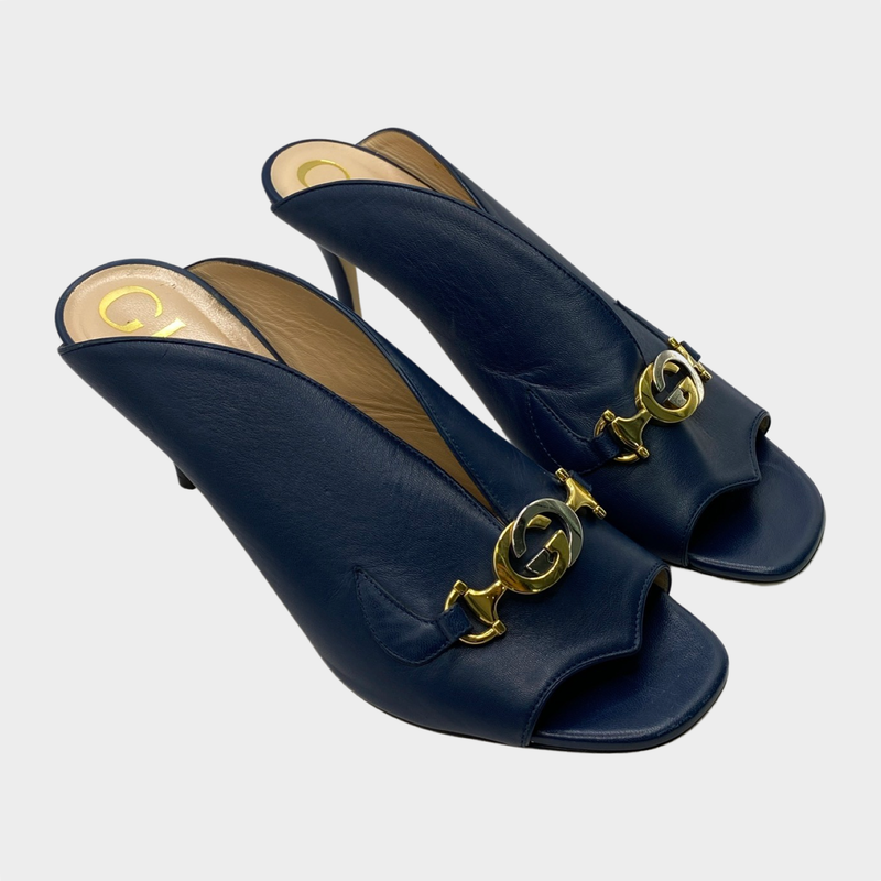 Gucci navy leather heeled mules with GG silver and gold hardware