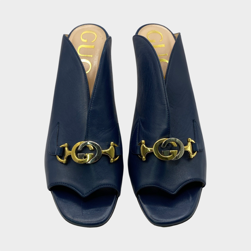 Gucci navy leather heeled mules with GG silver and gold hardware