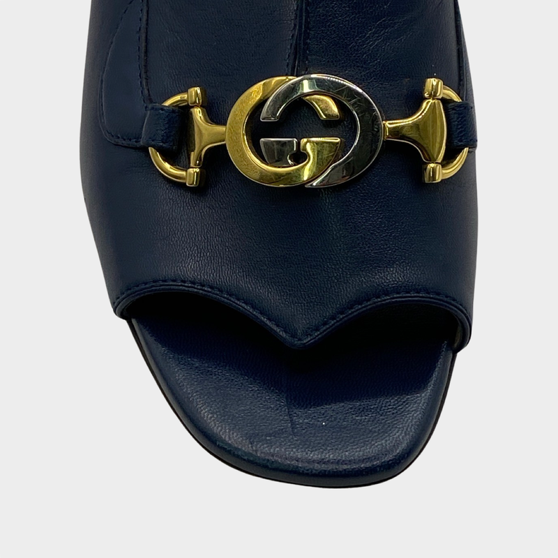Gucci navy leather heeled mules with GG silver and gold hardware