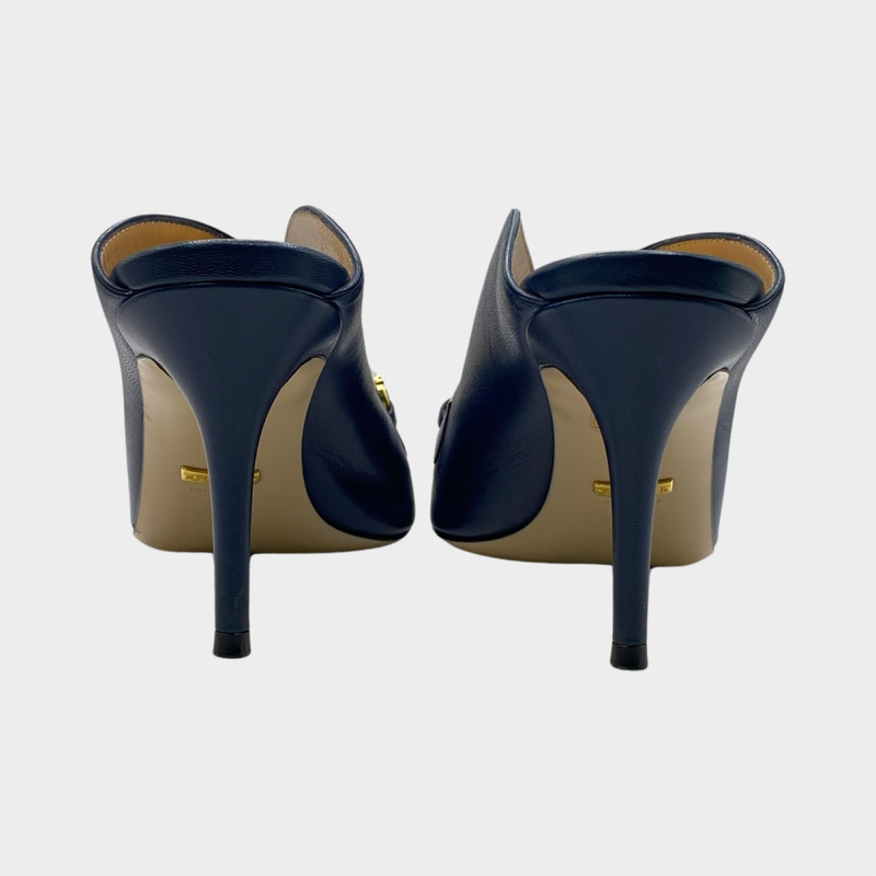 Gucci navy leather heeled mules with GG silver and gold hardware
