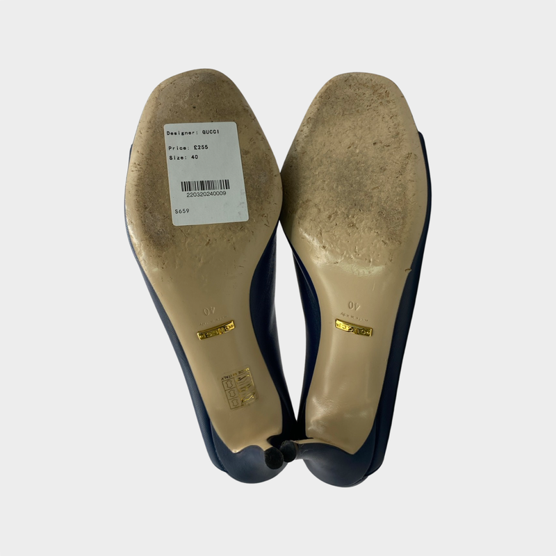 Gucci navy leather heeled mules with GG silver and gold hardware