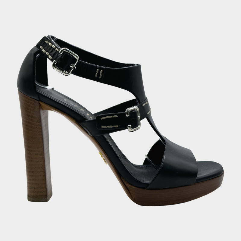 PRADA black leather wooden platform sandal heels