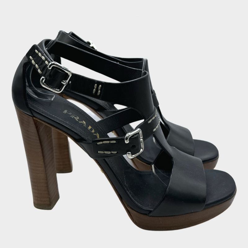 PRADA black leather wooden platform sandal heels