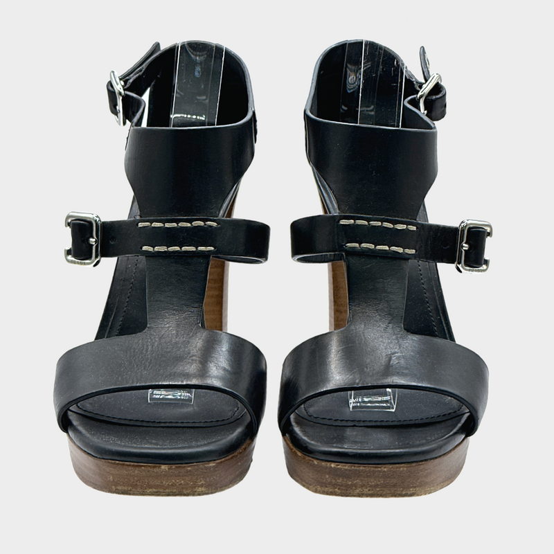 PRADA black leather wooden platform sandal heels
