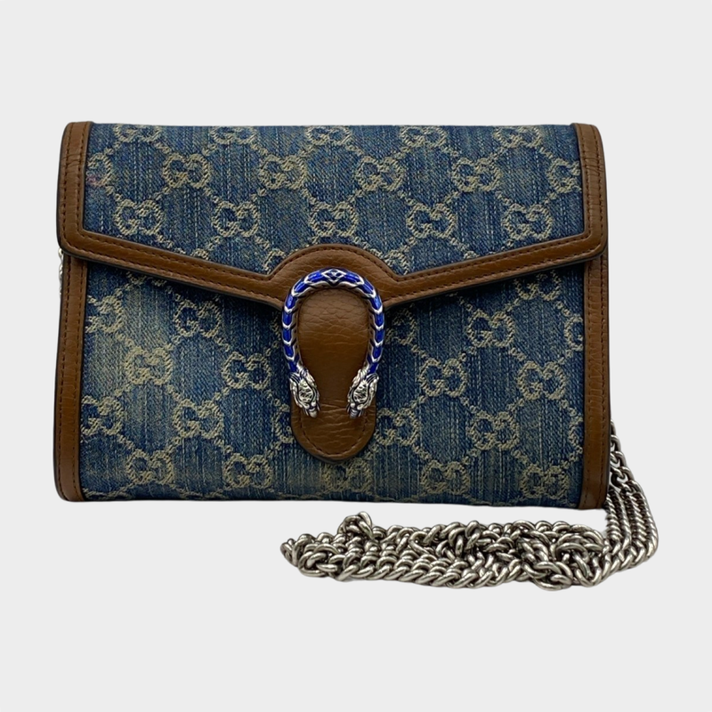 Gucci women's blue denim and brown leather Dionysus handbag