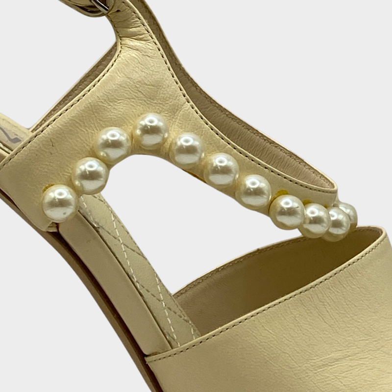 Chanel beige leather and pearl sandal heels