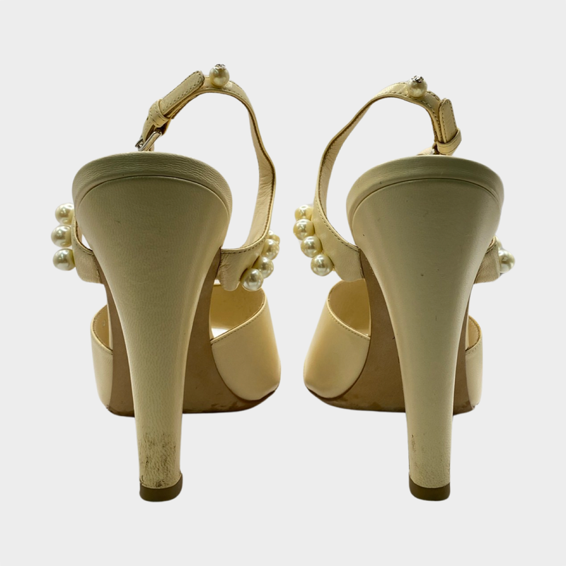 Chanel beige leather and pearl sandal heels