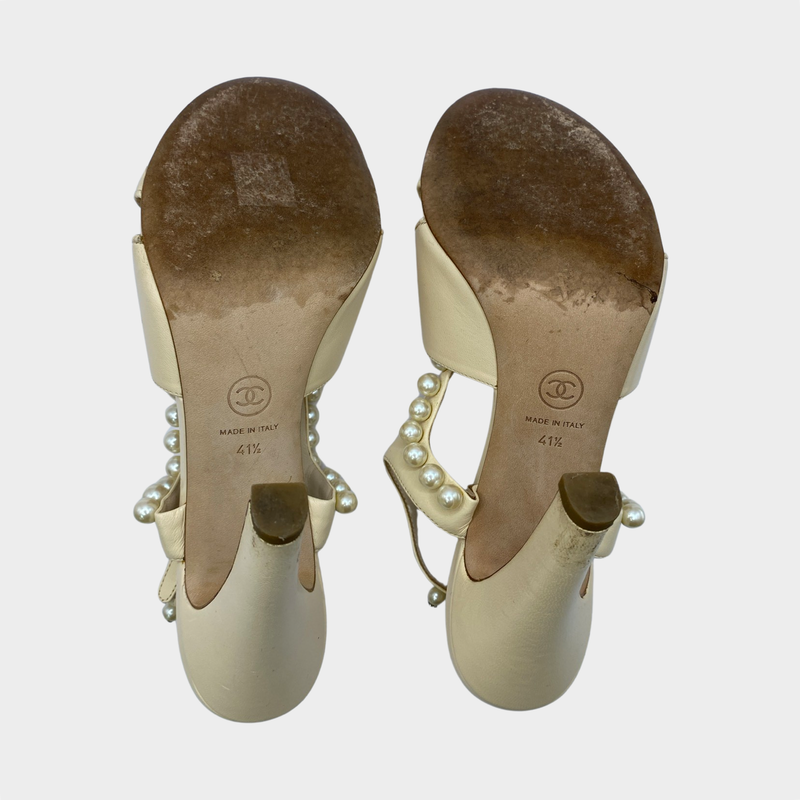 Chanel beige leather and pearl sandal heels