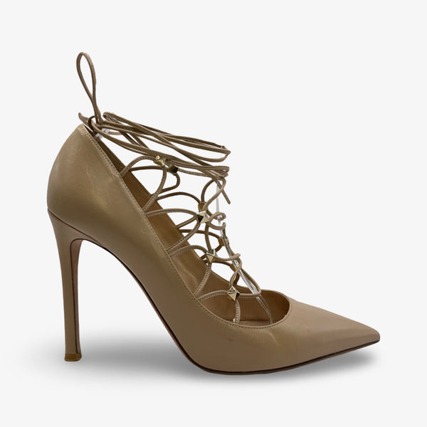 Valentino beige leather rockstud ankle tie heels