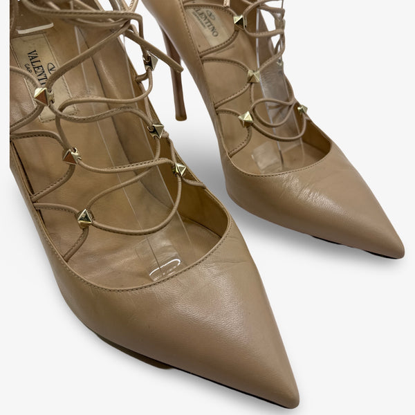 Valentino beige leather rockstud ankle tie heels