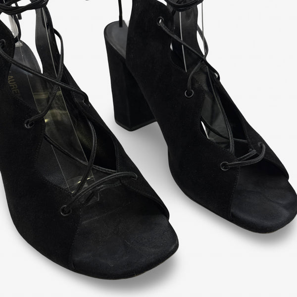 Saint Laurent Black Suede Lace-up Sandal Heels