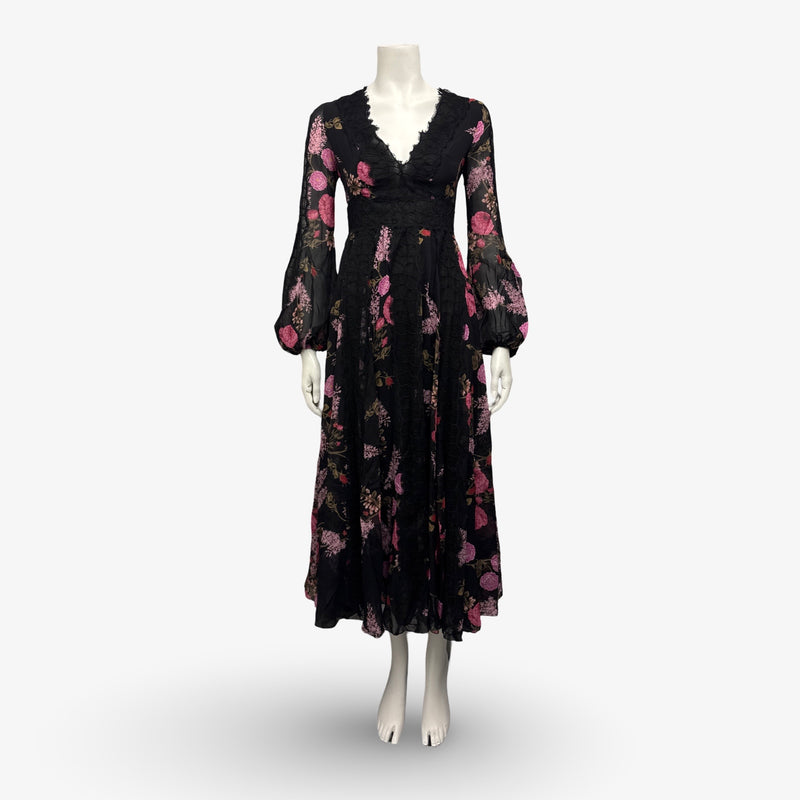 Giambattista Valli Black and Pink Floral Print Maxi Dress