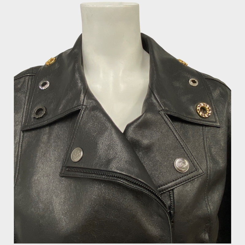 Chanel black leather jacket with embellished collar