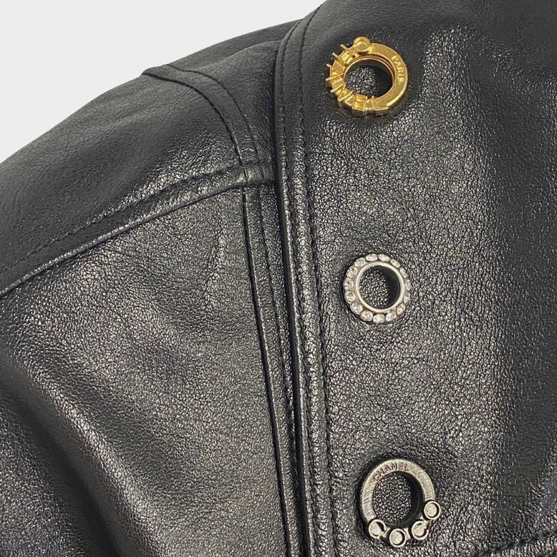 Chanel black leather jacket with embellished collar