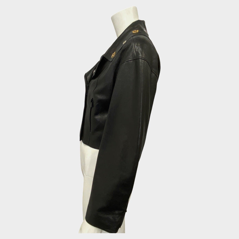 Chanel black leather jacket with embellished collar