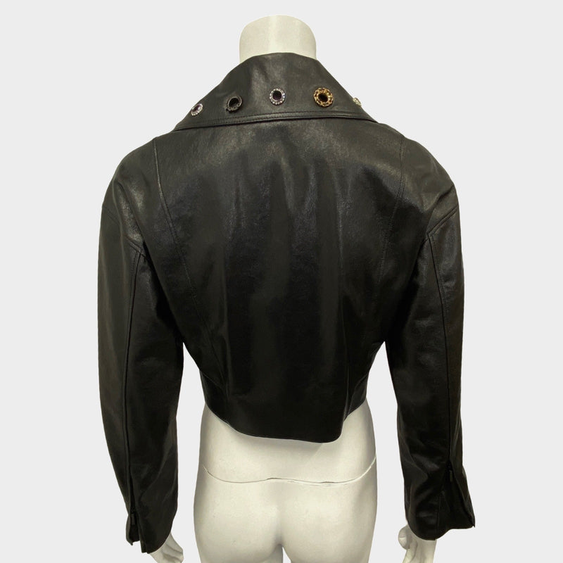Chanel black leather jacket with embellished collar