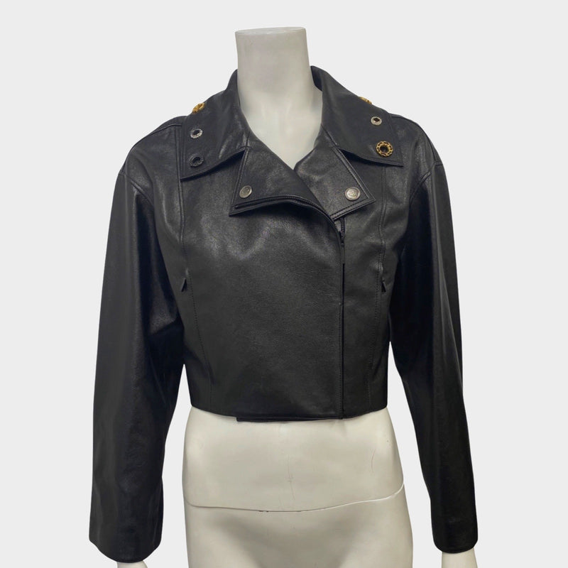 Chanel black leather jacket with embellished collar