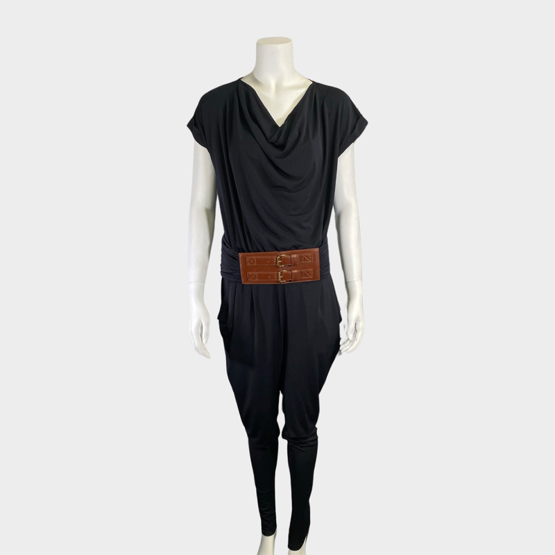 Michael Kors women's black jumpsuit with tan leather belt