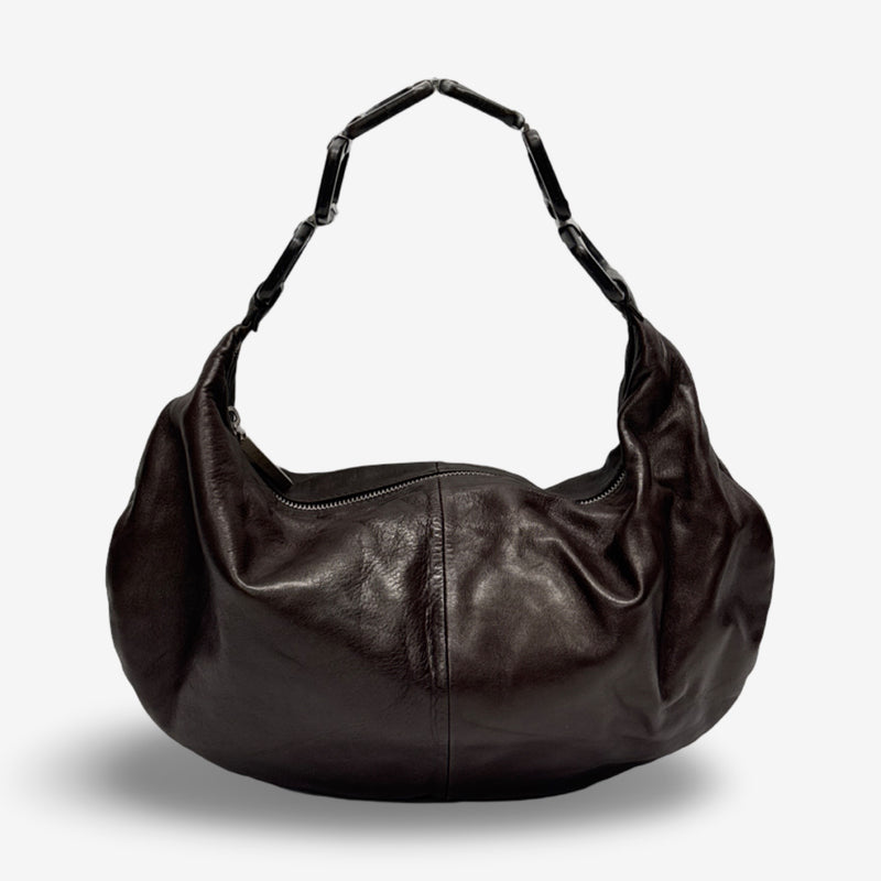 Fendi Vintage Brown Leather Handbag with Wooden Handle